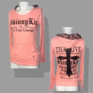 RARE Japanese Brand Pink and Black Skinny Lip Gyaru Long Sleeve Hoodie